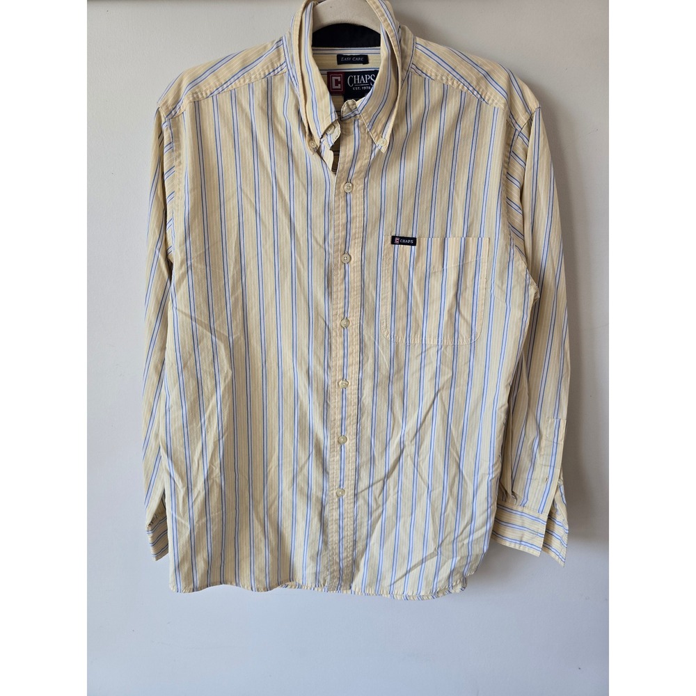 Chaps Mens Small Easy Care Striped Button Down Shirt Yellow Blue Long Sleeve